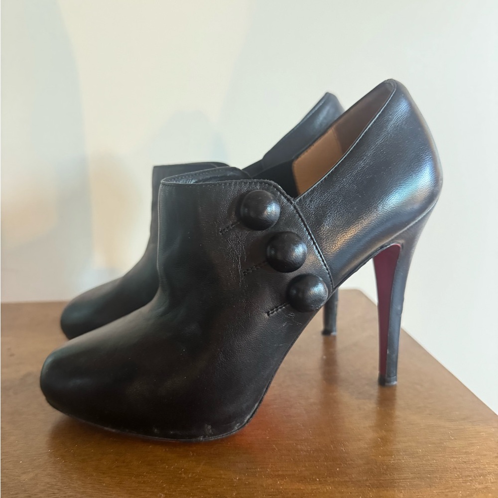 Christian Louboutin Black Leather Button-Accent Women's High Heel Booties